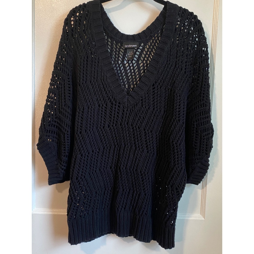 Lane Bryant Black Open Knit V-Neck Dolman Sweater Top Plus Size 14-20